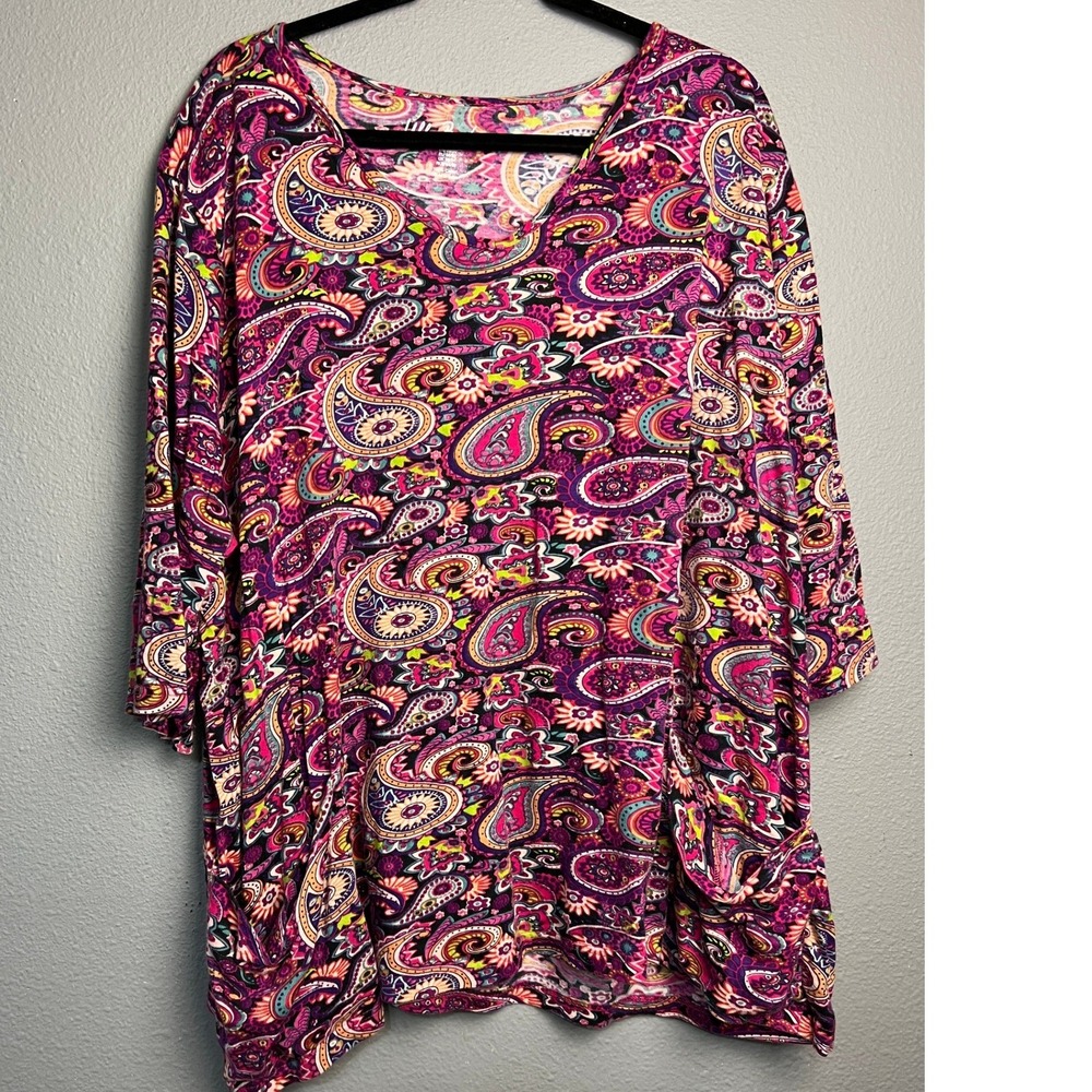 Ulla Popken Womens Plus 28/30 Casual Cozy Tunic Top Pink Purple Paisley Cotton